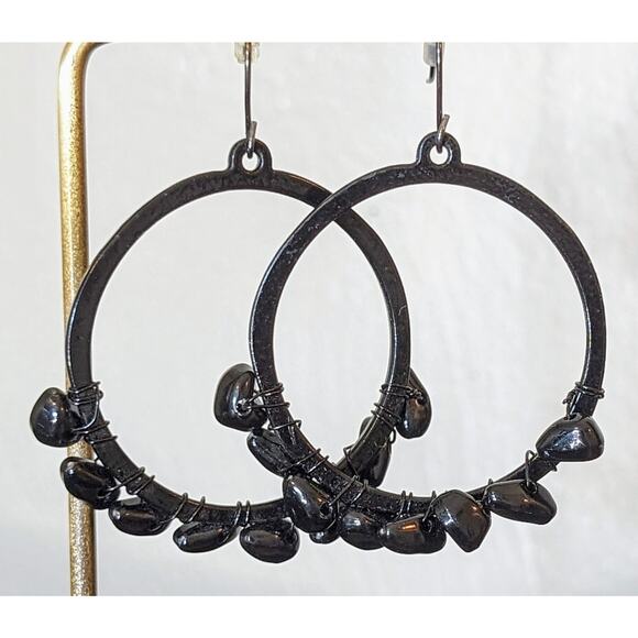 Black Metal Black Stone Hoop Dangle French Wire Earrings - Picture 1 of 3